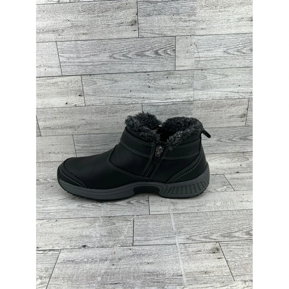 Orthofeet 793 Black Leather‎ Faux Fur Trim Orthopedic Ankle Boots Men 7B EU 37.5